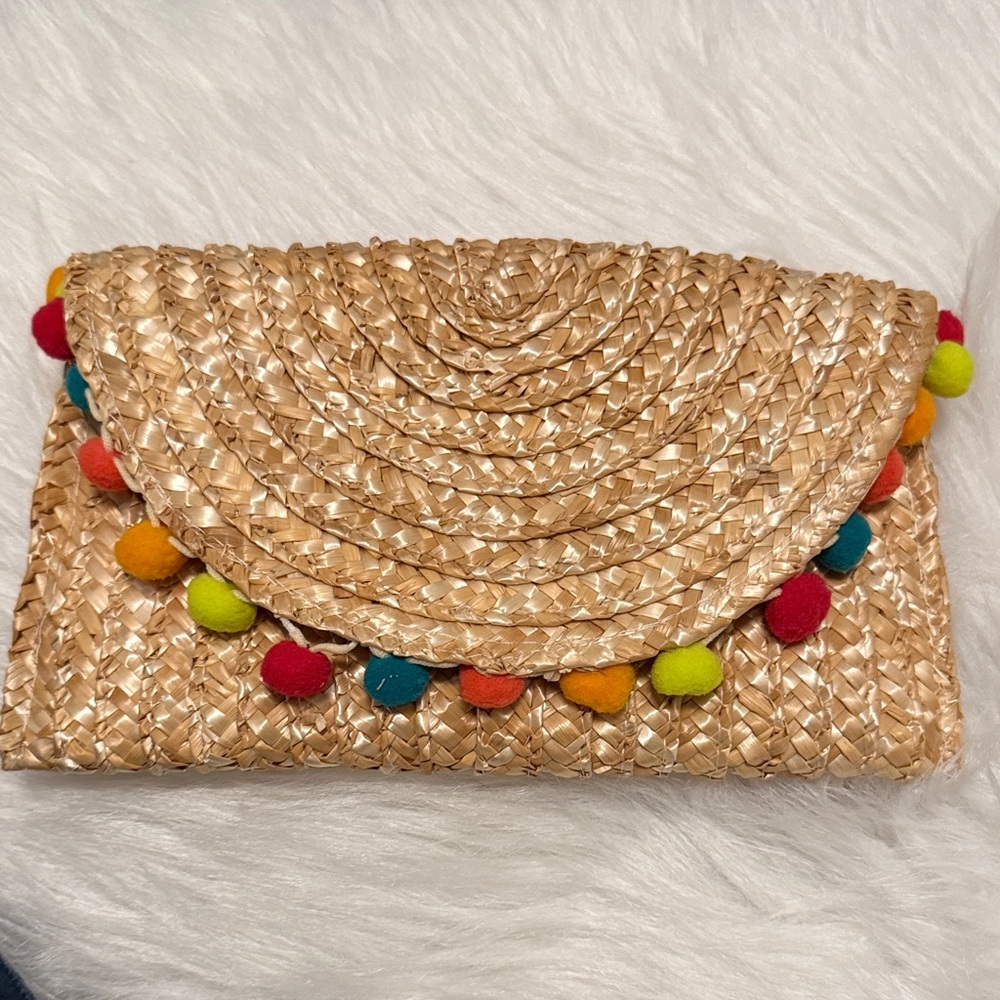 Chantecaille Natural Straw Clutch with Multicolor Pom Poms - NWOT